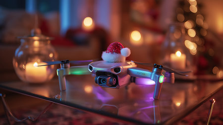Sparkling silver drone adorned with Santa hat flying in front of Christmas tree lights for festive holiday technology celebration.の素材