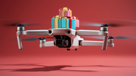 White drone carrying stack of colorful wrapped gift boxes flying in air on bright red background.の素材