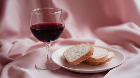A single glass of red wine and slices of rustic bread on a porcelain plate with soft pink background and natural daylight.の素材