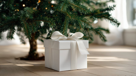 White gift box with ribbon bow under pine Christmas tree in natural morning sunlight indoors.の素材