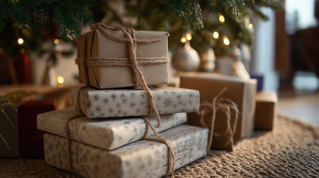Stack of colorful patterned Christmas gifts with rustic jute bows in warm festive room with tree and ornaments.の素材