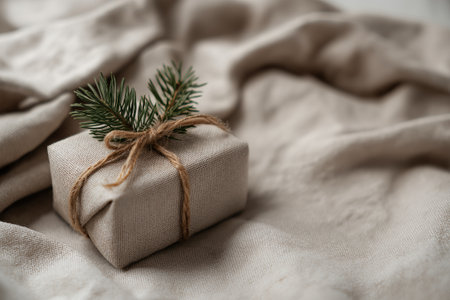 A neatly wrapped Christmas gift box with natural linen fabric and simple twine bow decorated by pine branch on textured beige background.の素材