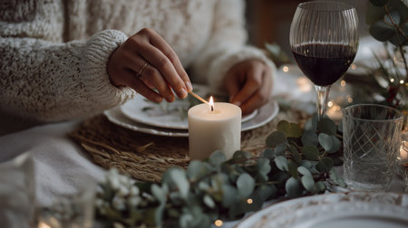 A close up of hands lighting a warm beeswax candle on a festive dinner table with eucalyptus, knitted sweater and glass of red wine.の素材