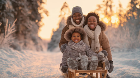 A joyful family enjoying a winter walk at sunset pulling children on a wooden sled along snowy path with pine forest backdrop.の素材