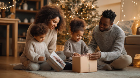 Family exchanging holiday gifts together at home near decorated Christmas tree during cozy winter morning.の素材