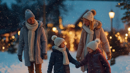 A young family walking hand in hand through snowy park at night under falling snow and sparkling golden lights during festive winter season.の素材