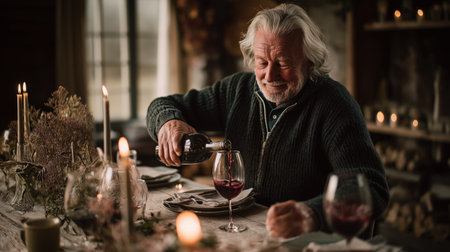 An elderly man pouring red wine at a festive candlelit dinner table in a rustic home interior with Christmas decorations, expecting guests.の素材