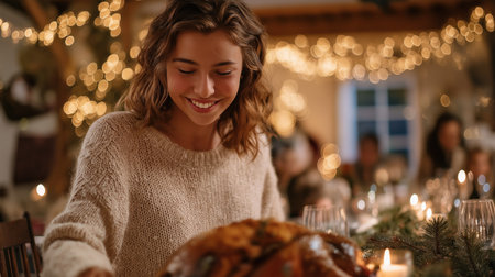 A young woman in a cream sweater sitting at a festive holiday table with roasted turkey, candlelight, green fir branch and bokeh Christmas lights in a cozy home.の素材