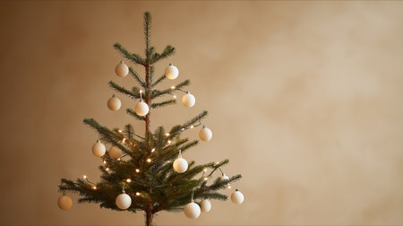 Minimal Christmas tree with simple white ornaments and warm string lights against beige wall in modern interior.の素材