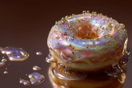 Juicy donut with sparkling pearlescent glaze and glossy syrup drops on vibrant chocolate brown background.の素材