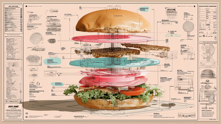 Technical scheme of a deconstructed gourmet hamburger showing layers of bun, lettuce, cheese, beef patty, onions, tomato, and bacon with blueprint annotations and intricate diagram elements.の素材