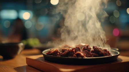Sizzling bulgogi beef on hot iron plate with rising steam in warm restaurant setting with bokeh lights.の素材