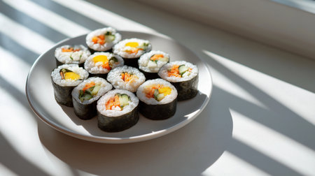Fresh kimbap rolls with colorful vegetables on white rectangular plate in bright minimalist kitchen with natural sunlight.の素材