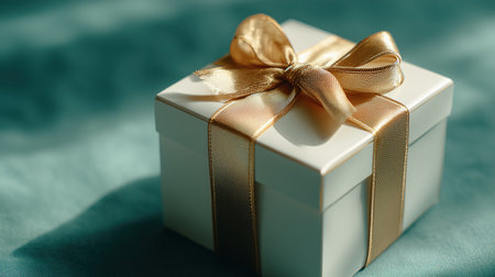 Minimalist white gift box with shiny gold ribbon and bow placed on smooth mint green background with soft light and elegant simplicity.の素材