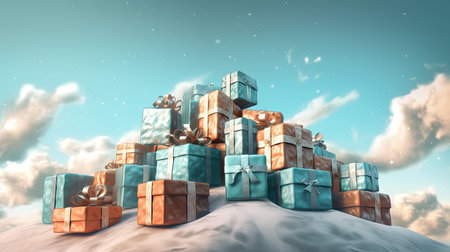 Dreamy winter scene with large gift boxes tied with ribbon bows arranged on snowy hills under blue sky with clouds and falling snowflakes.の素材
