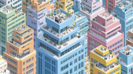 Isometric illustration of colorful high rise buildings with stacked rooftop terraces full of people in a busy modern city.の素材