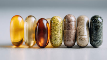 Colorful supplement capsules and tablets stacked in balanced formation with soft light and blurred background on reflective surface.の素材