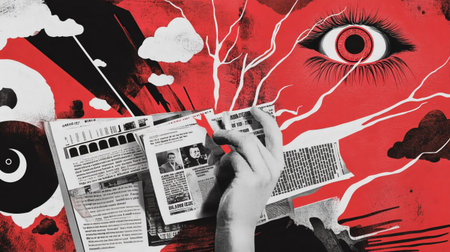 Surreal collage of expressive eyes, red lips, and newspaper clippings with bold red lightning accents and urban textures on a vintage background.の素材