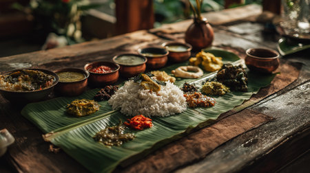 Traditional Onam sadya meal with rice and curries served on banana leaf at wooden table in natural light.の素材