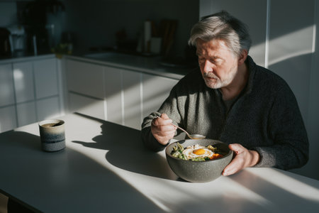 Man enjoying a balanced healthy meal in a modern sunlit kitchen with a relaxed, thoughtful expression at breakfast table.の素材