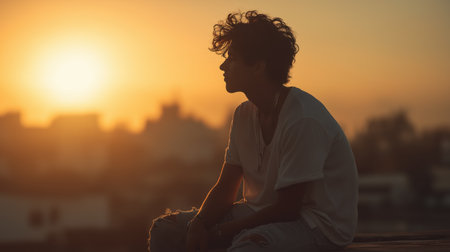 Young Latino man with messy hair sits alone on city rooftop at sunset, thinking peacefully and enjoying the golden hour view in urban summer evening.の素材