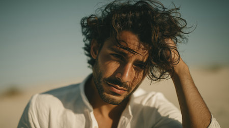 A handsome man with wavy black hair in his late twenties is wearing a white shirt and touching his hair, fashion photoshoot.の素材