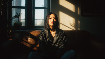 A woman sits on a couch in a softly lit apartment with large paned windows as golden sunset light casts dramatic shadows across the room.の素材