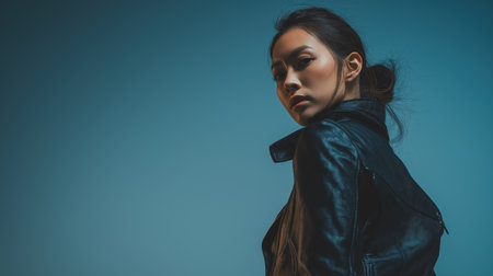 A young Asian woman dressed in a dark leather jacket, against a blue studio background, with confident expression.の素材