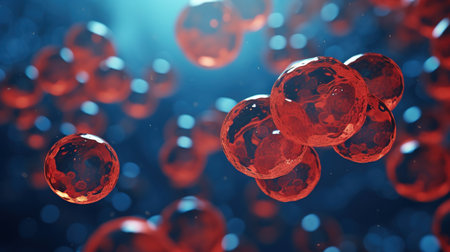 A detailed 3D microscopic view of red cells and plasma with dynamic depth of field highlighting blood circulation and cellular structure.の素材