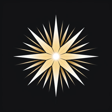 A radiant golden retro starburst shines brightly against a dark background with sparkling light and glowing details for festive celebration and celestial decoration.の素材