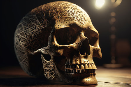 Artistic golden metallic skull with geometric mesh grid design in dramatic moody lighting for science fiction, technology, and abstract art concepts.の素材