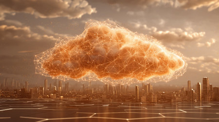 Glowing digital cloud with world map over futuristic city and network grid at night.の素材