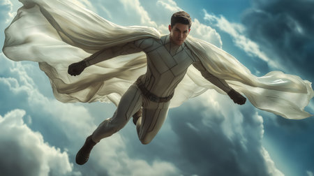Powerful male superhero soaring through dramatic cloudy sky, with flowing cape in cinematic action poseの素材
