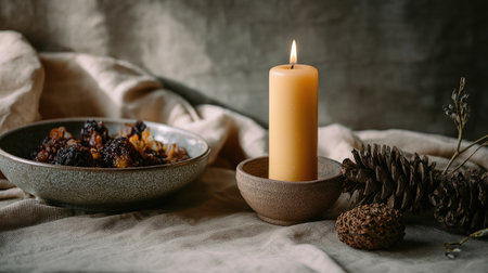 A cozy autumn still life with a single beeswax candle burning, ceramic bowl beside a pinecone and a plate of seasonal fruit on a rustic fabric surface.の素材