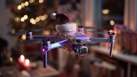 Sparkling silver drone adorned with Santa hat flying in front of Christmas tree lights for festive holiday technology celebration.の素材