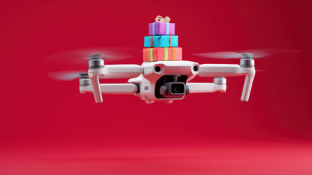 White drone carrying stack of colorful wrapped gift boxes flying in air on bright red background.の素材