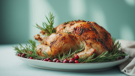A perfectly roasted turkey garnished with rosemary and cranberry on a white ceramic plate with a minimalist background for festive celebration.の素材