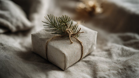 A neatly wrapped Christmas gift box with natural linen fabric and simple twine bow decorated by pine branch on textured beige background.の素材