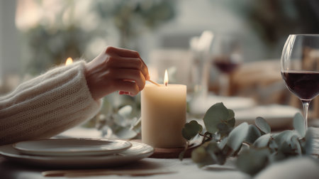 A close up of hands lighting a warm beeswax candle on a festive dinner table with eucalyptus, knitted sweater and glass of red wine.の素材