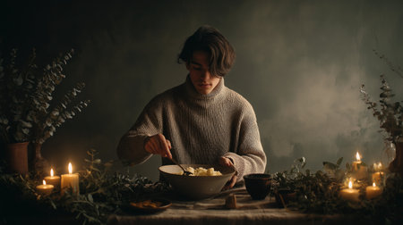 A young man eating homemade mashed potato at a rustic table decorated with dried flowers and natural textures in a cozy winter interior.の素材