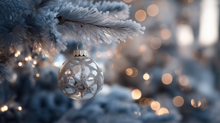 Glittering silver bauble on the frosted Christmas tree branch with warm holiday bokeh lights.の素材