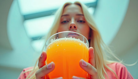 Low angle view of woman with long blonde hair holding a bright orange drink against a sunny glass ceiling interior.の素材