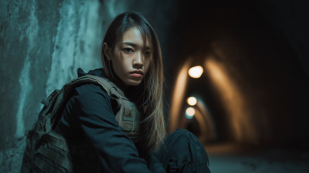 A young Asian woman with long straight hair wearing a dark combat vest and cargo pants sits in the urban tunnel with colorful neon lights.の素材