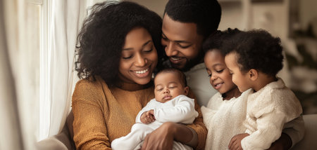 A loving African American family shares a warm moment together with newborn baby in a softly lit living room.の素材