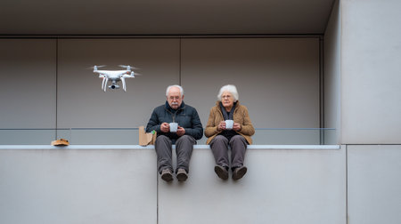 Elderly couple sitting side by side on a modern balcony with coffee mugs while a drone hovers nearby against a minimal architectural background.の素材