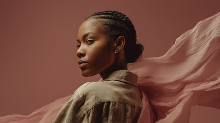 Fashion portrait of an African woman wearing hoop earrings, against a textured pink backdrop.の素材