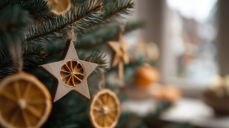 Wooden star ornament and dried orange slice hanging on Christmas tree branch in natural rustic festive decor.の素材