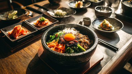Traditional bibimbap in hot stone bowl with fried egg and colorful vegetables served with kimchi banchan on wooden table.の素材