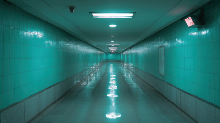 Empty underground pedestrian tunnel with tiled walls and ceiling, fluorescent lights creating vanishing point perspective in urban subway passage.の素材