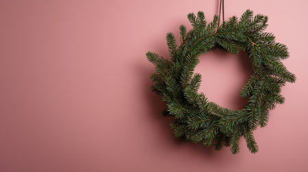 A simple Christmas wreath made of fresh green fir branches on a textured pink wall, perfect for holiday decoration.の素材